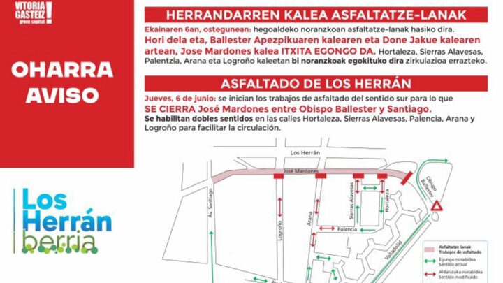 El Ayuntamiento de Vitoria inicia este martes el asfaltado del nuevo vial de Los Herrán con nuevos cortes de tráfico