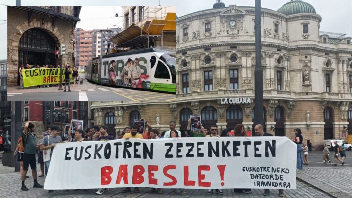 La plantilla de Euskotren se concentra en contra de la publicidad taurina en el tranvía