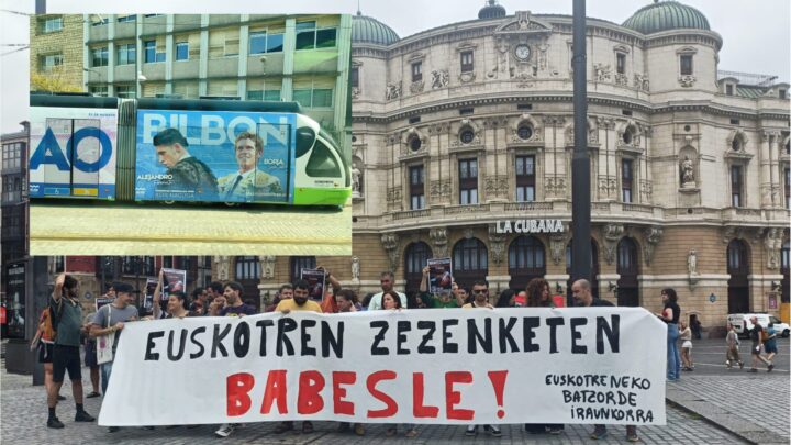 La plantilla de Euskotren se concentra en contra de la publicidad taurina en el tranvía